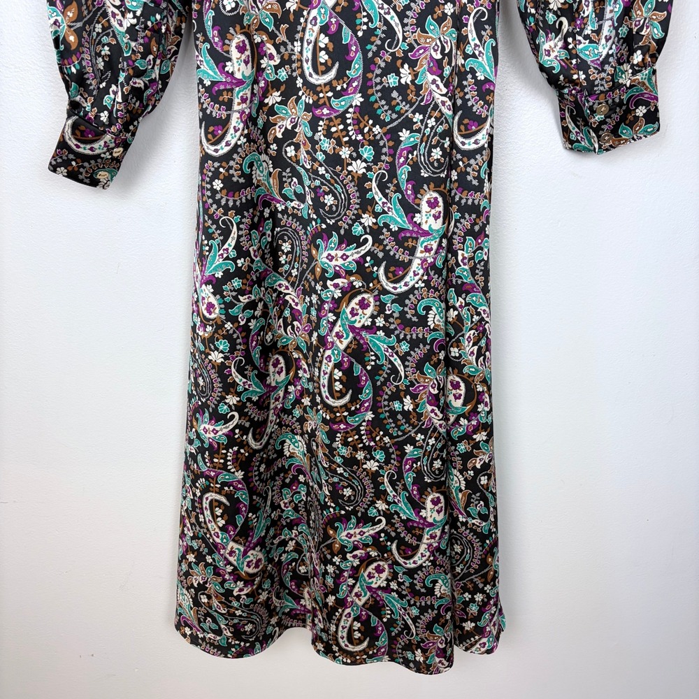 Ann Taylor Floral Belted Shirtdress Button Front Long Sleeve Midi Black Size 2 - Picture 12 of 15